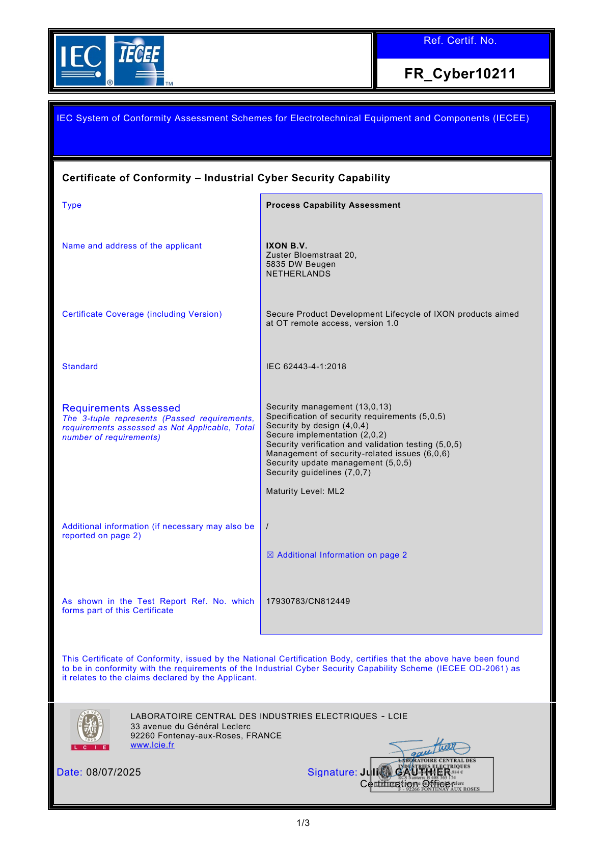 IEC 62443-4-1 certificate - page 1