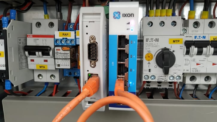 IXrouter im Schaltschrank angeschlossen an den RS485-Ethernet-Konverter